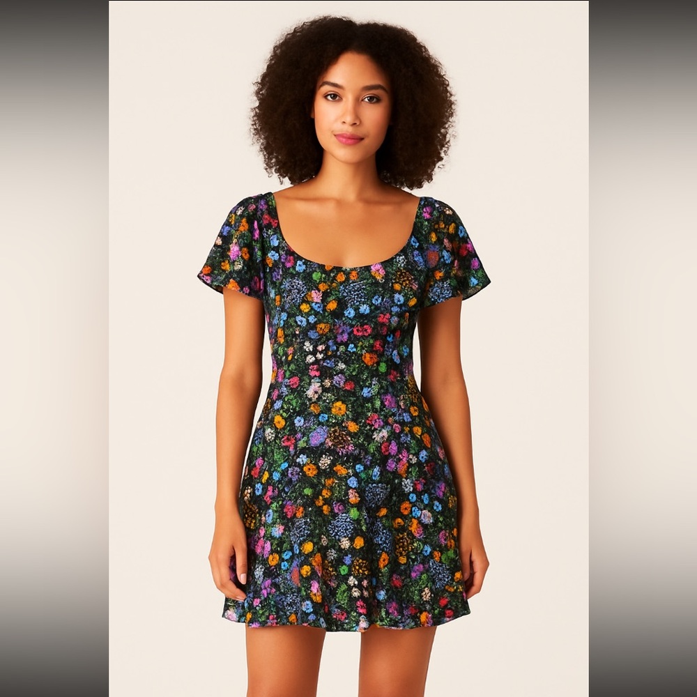 FARM RIO womens black floral flutter sleeve dress S